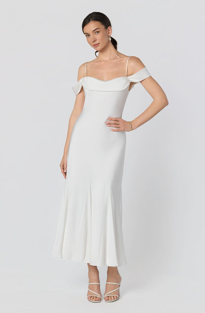 Araxie Satin Off-Shoulder Godet Midi Dress