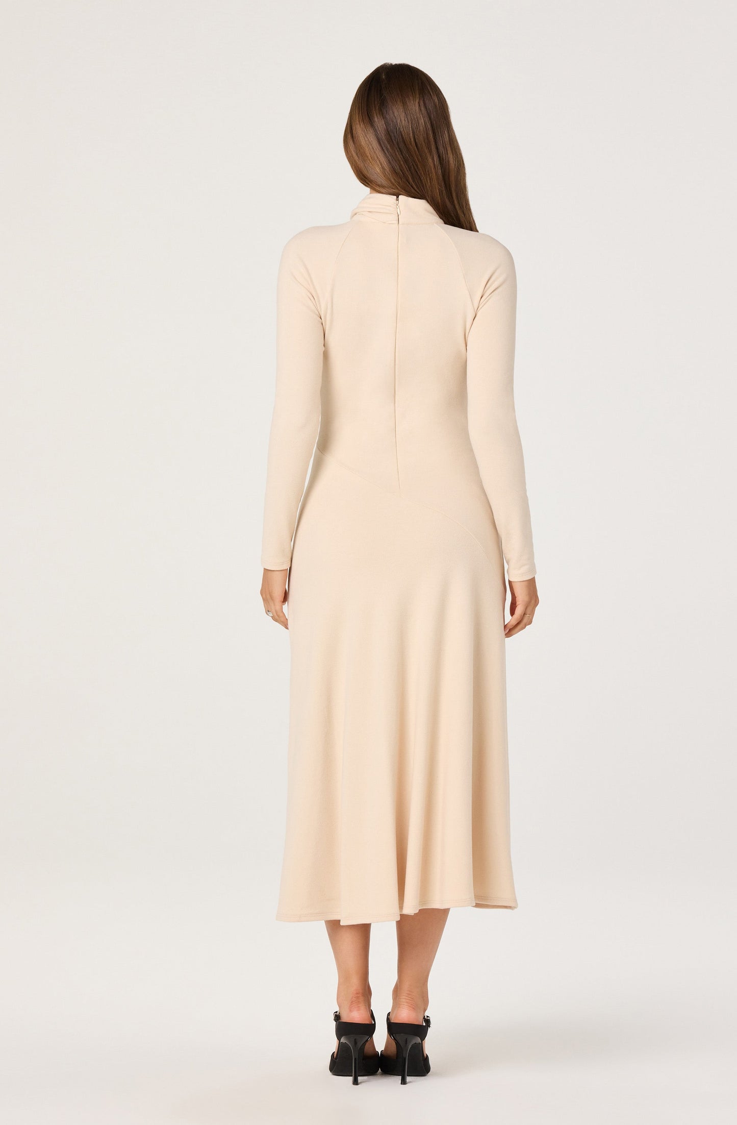 Asymmetric Draped Mock Neck Midi Dress