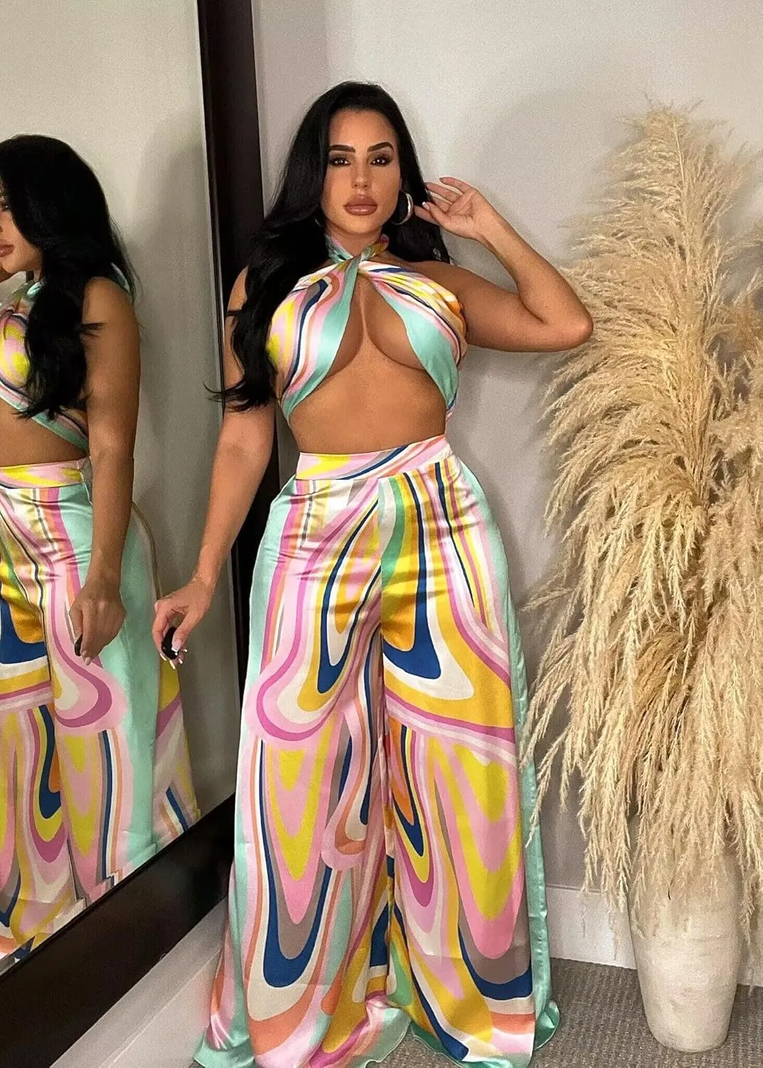2 Piece Outfits for Women Summer Sleeveless Crop Tops Wide Leg Slit Pants Set Boho Floral Print Vacation Outfits