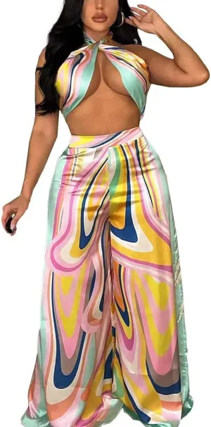 2 Piece Outfits for Women Summer Sleeveless Crop Tops Wide Leg Slit Pants Set Boho Floral Print Vacation Outfits