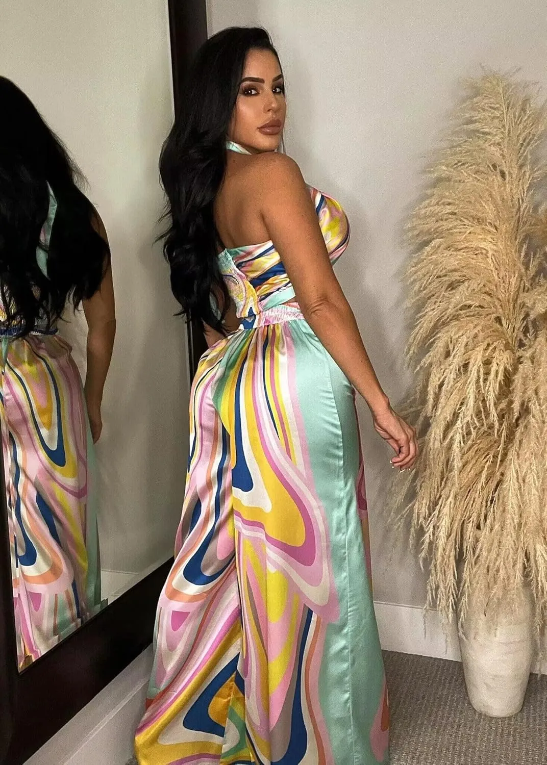 2 Piece Outfits for Women Summer Sleeveless Crop Tops Wide Leg Slit Pants Set Boho Floral Print Vacation Outfits