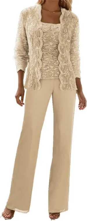 3 Piece Mother of The Bride Pant Suits for Wedding Guest Sequins Lace Outfits Formal Evneing Party Gowns with Jacket