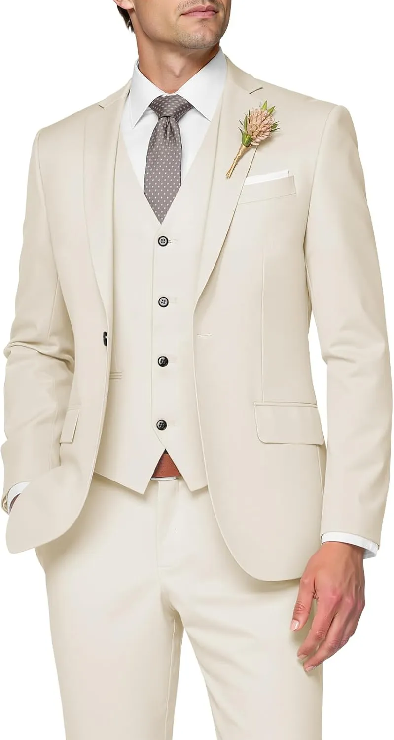 3 Piece Suit Men Slim Fit Wedding Suits for Mens Elegant One Button Jacket Single Breasted Vest Pants Set