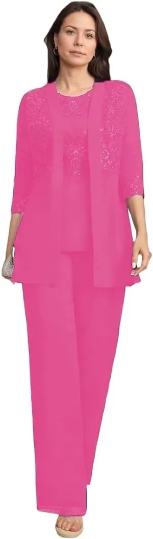 3 Pieces Mother of The Bride Pant Suits for Wedding Chiffon Dressy Pantsuits for Women Evening Party with Jacket