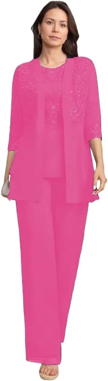 3 Pieces Mother of The Bride Pant Suits for Wedding Chiffon Dressy Pantsuits for Women Evening Party with Jacket