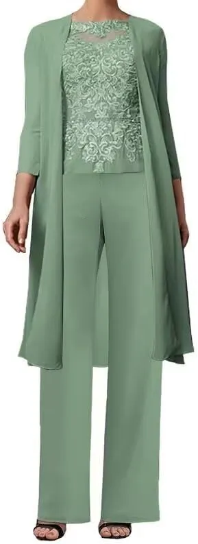 3 Pieces Mother of The Bride Pant Suits for Wedding with Jacket Lace Appliques Formal Pantsuits for Women