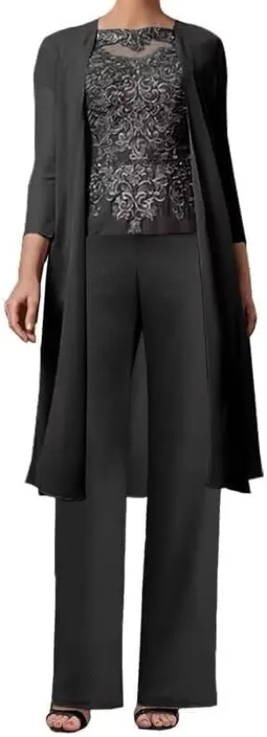 3 Pieces Mother of The Bride Pant Suits for Wedding with Jacket Lace Appliques Formal Pantsuits for Women