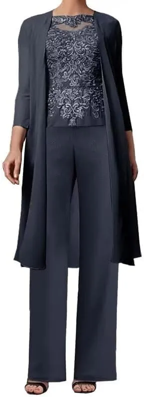 3 Pieces Mother of The Bride Pant Suits for Wedding with Jacket Lace Appliques Formal Pantsuits for Women