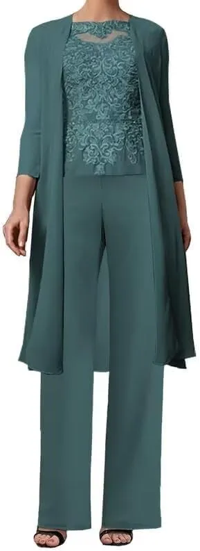 3 Pieces Mother of The Bride Pant Suits for Wedding with Jacket Lace Appliques Formal Pantsuits for Women
