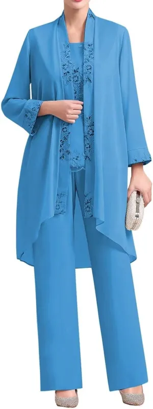 3 Pieces Mother of The Bride Pantsuit Dresses Chiffon Laces Formal Evening Outfit with Jacket