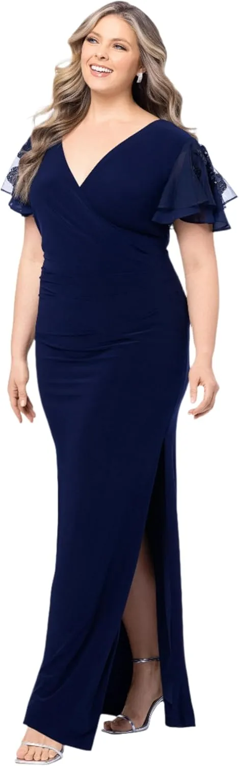 A26357W womens Plus Jennifer Long Jersey Knit Sequin Sleeve Dress