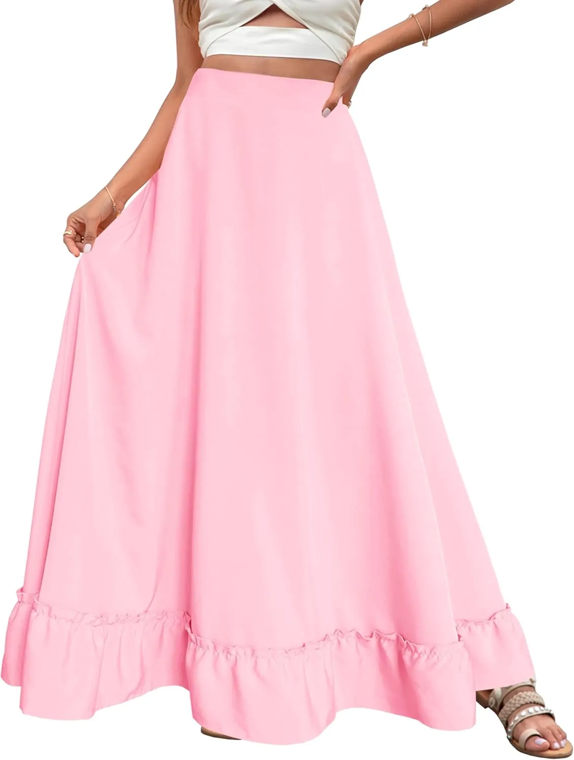Afibi Women Plus Size Maxi Skirt Vintage High Waist Long Skirt with Pockets