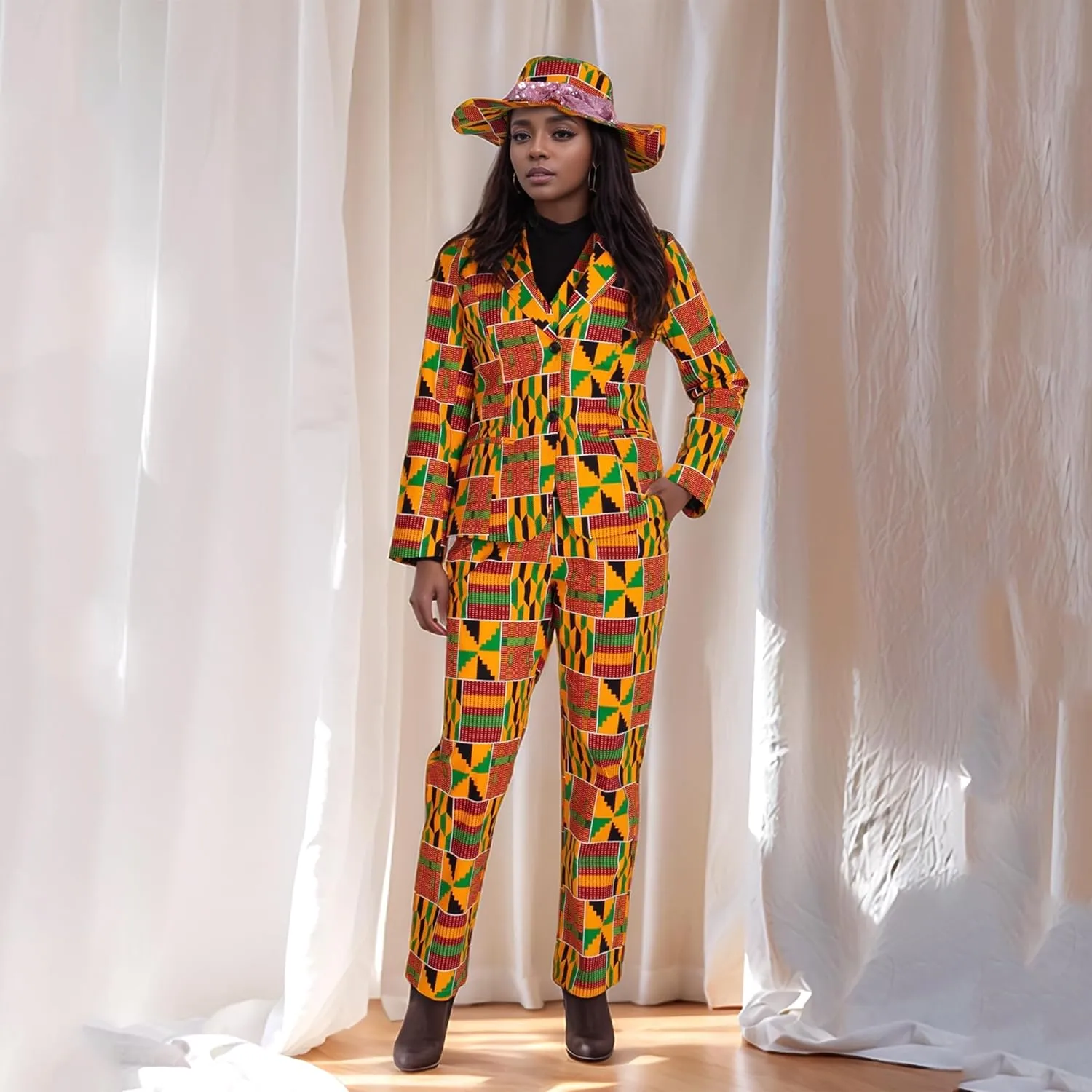 African Clothes for Women African Print Coat Kente Top and Pants Blazer Suit Sets with Hat