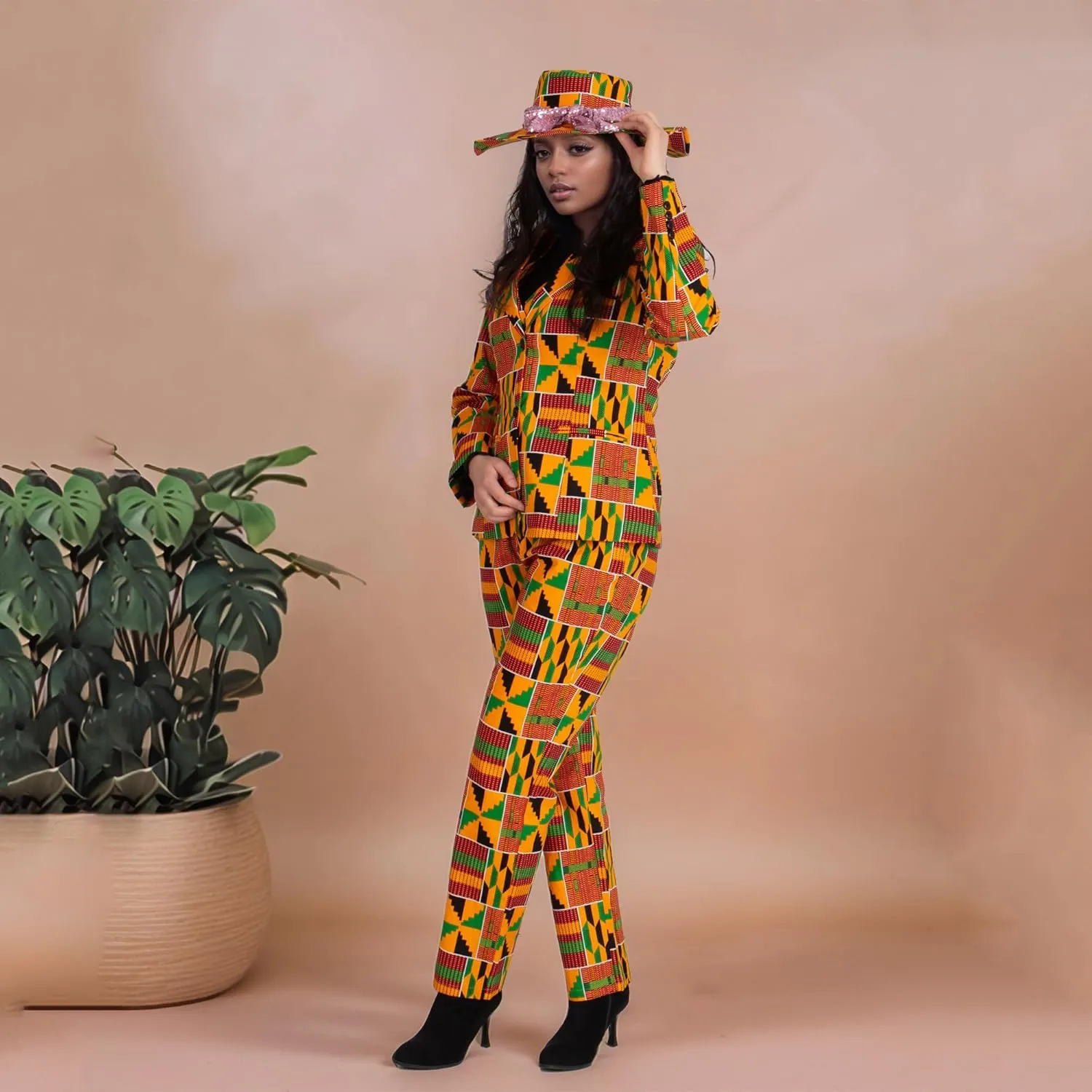African Clothes for Women African Print Coat Kente Top and Pants Blazer Suit Sets with Hat