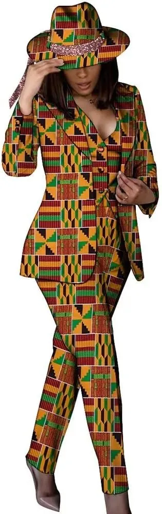 African Clothes for Women African Print Coat Kente Top and Pants Blazer Suit Sets with Hat