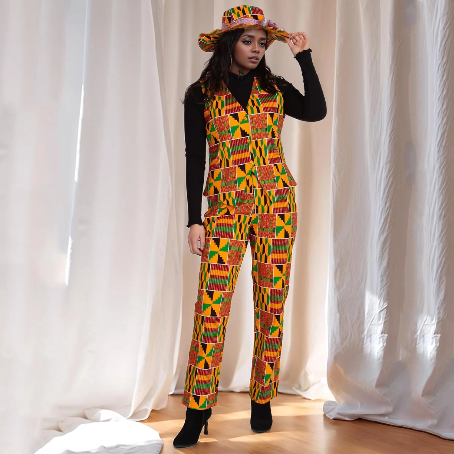 African Clothes for Women African Print Coat Kente Top and Pants Blazer Suit Sets with Hat