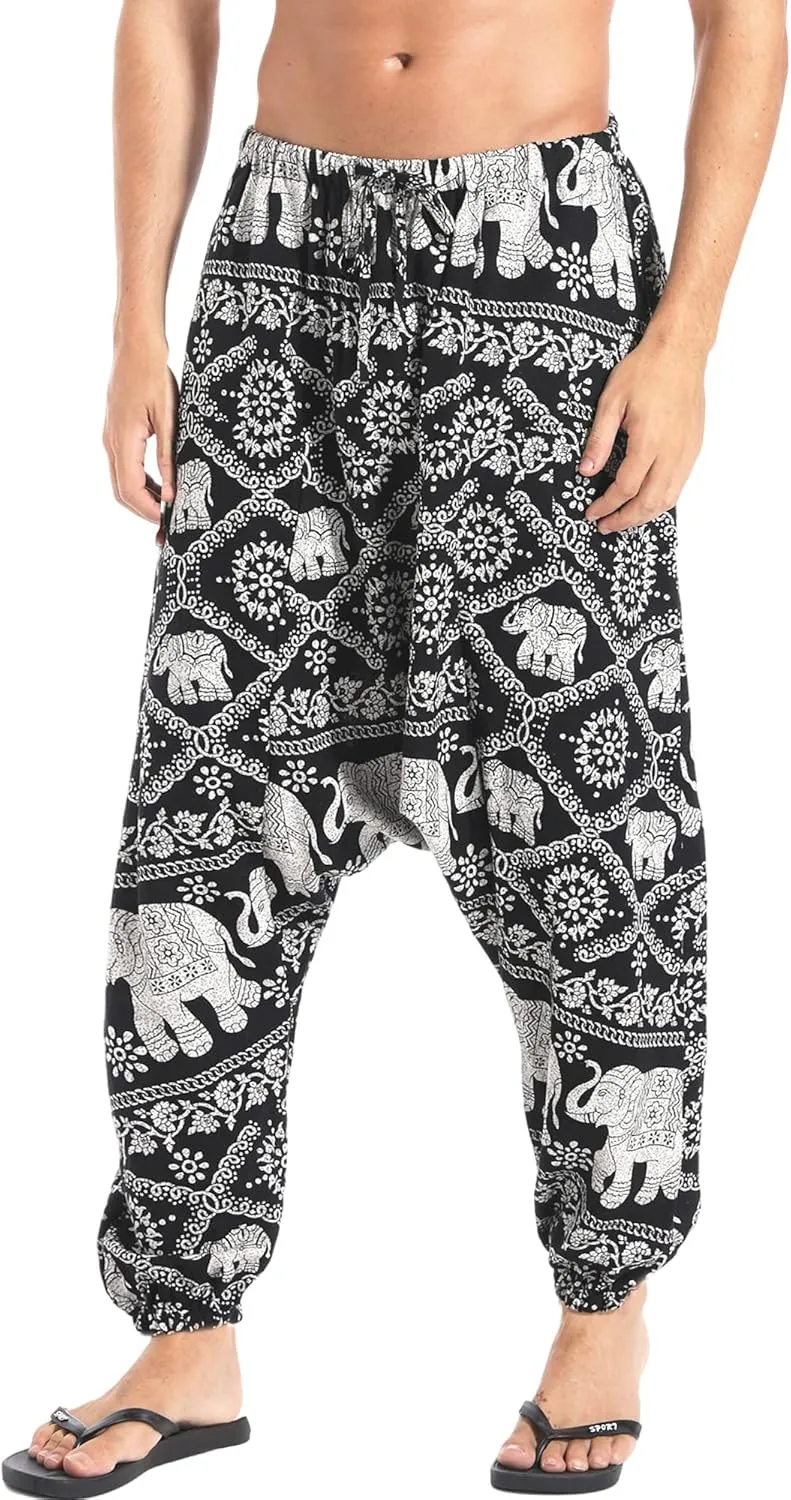 AITFINEISM Men's Drawstring Aladdin Hippie Harem Pants Loose Drop Crotch Trousers