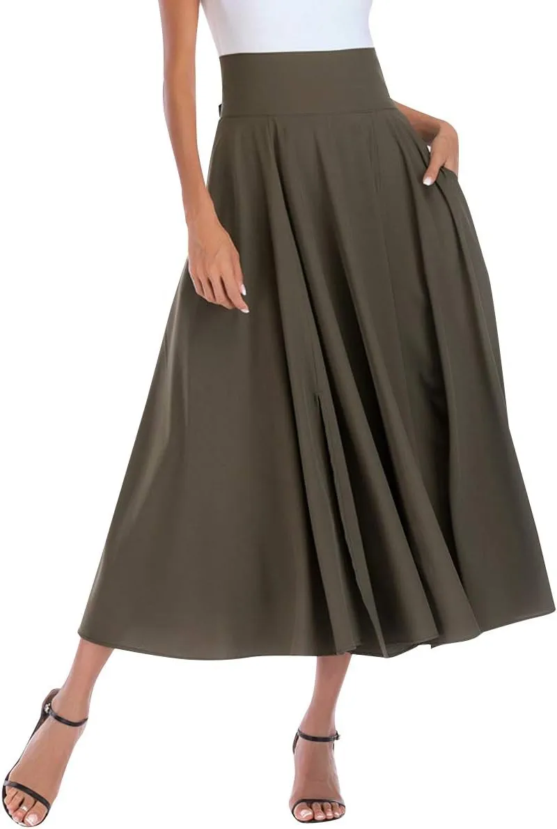 Aivtalk Women High Waist Long Skirt with Slit Pockets Bow Tie Pleated Maxi Skirt