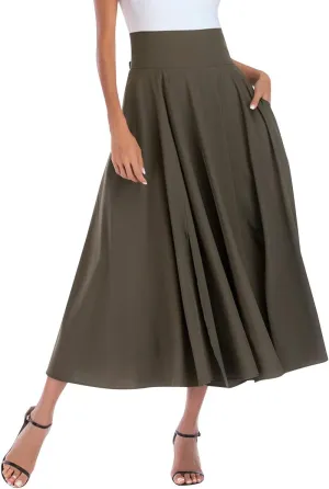 Aivtalk Women High Waist Long Skirt with Slit Pockets Bow Tie Pleated Maxi Skirt