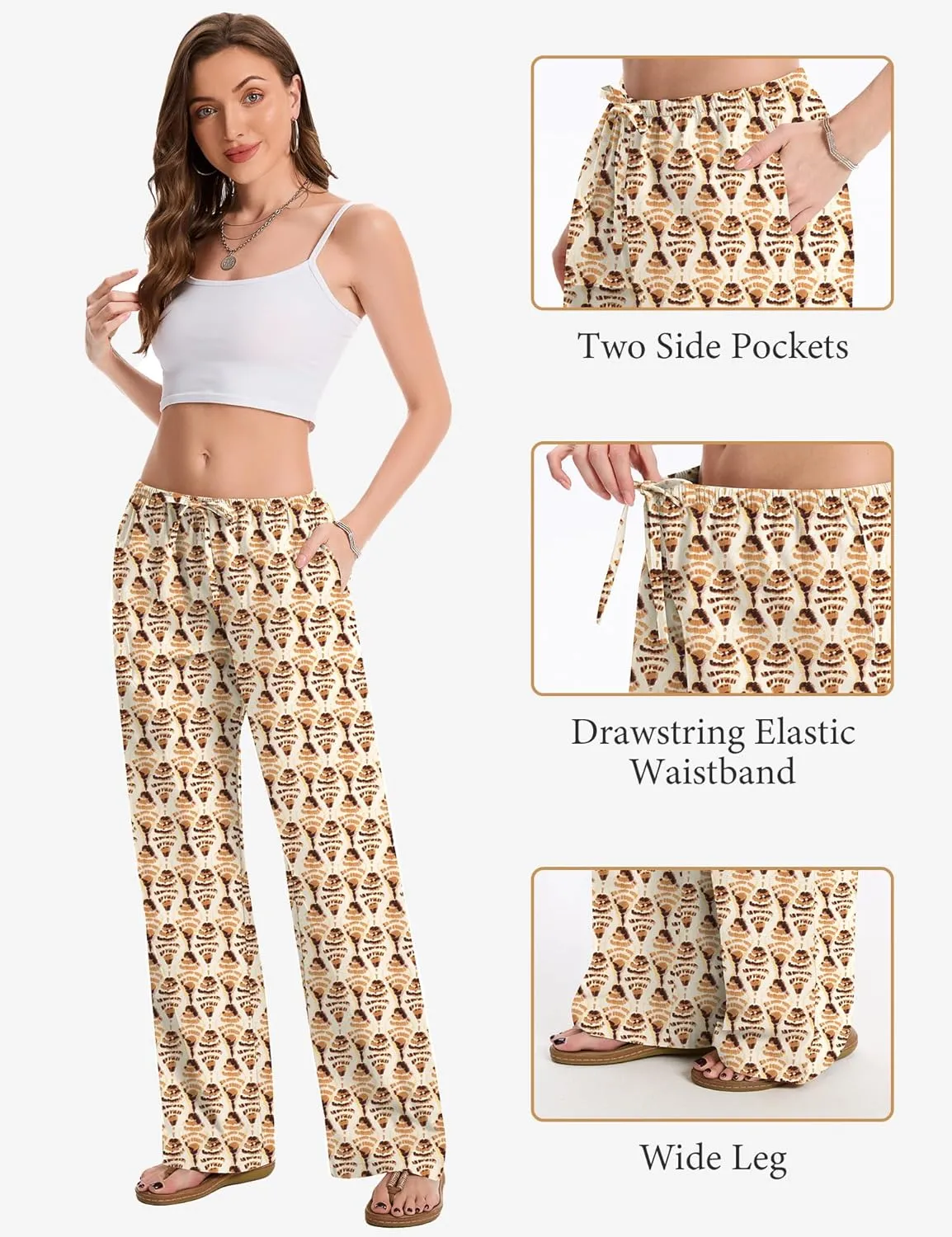 AKEWEI Women Cotton Linen Summer Palazzo Pants Drawstring Waist Wide Leg Lightweight Beach Trousers with Pockets