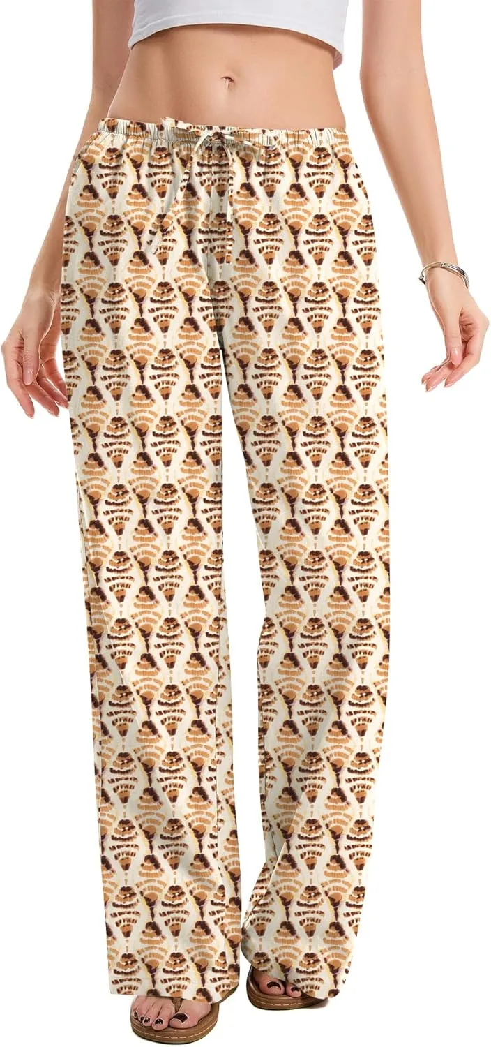 AKEWEI Women Cotton Linen Summer Palazzo Pants Drawstring Waist Wide Leg Lightweight Beach Trousers with Pockets