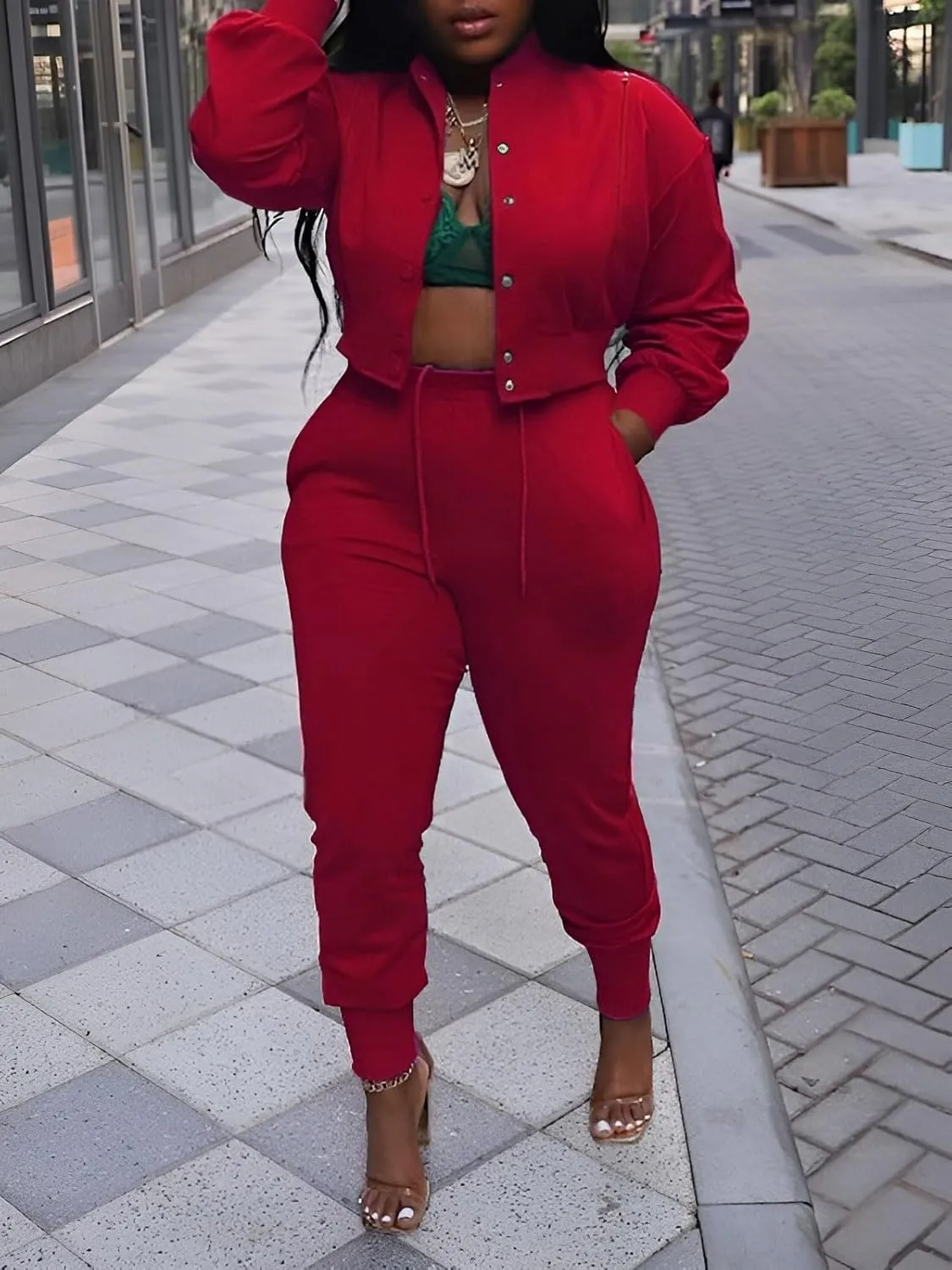 Akmipoem Sweatsuits for Women Set 2 Piece Jogger Outfits Zipper Split Long Sleeve Button Down Crop Top and Pants Tracksuit