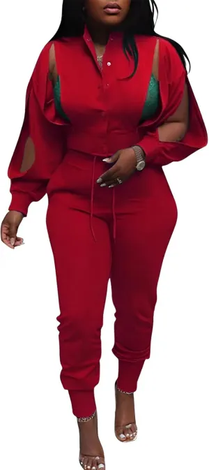 Akmipoem Sweatsuits for Women Set 2 Piece Jogger Outfits Zipper Split Long Sleeve Button Down Crop Top and Pants Tracksuit
