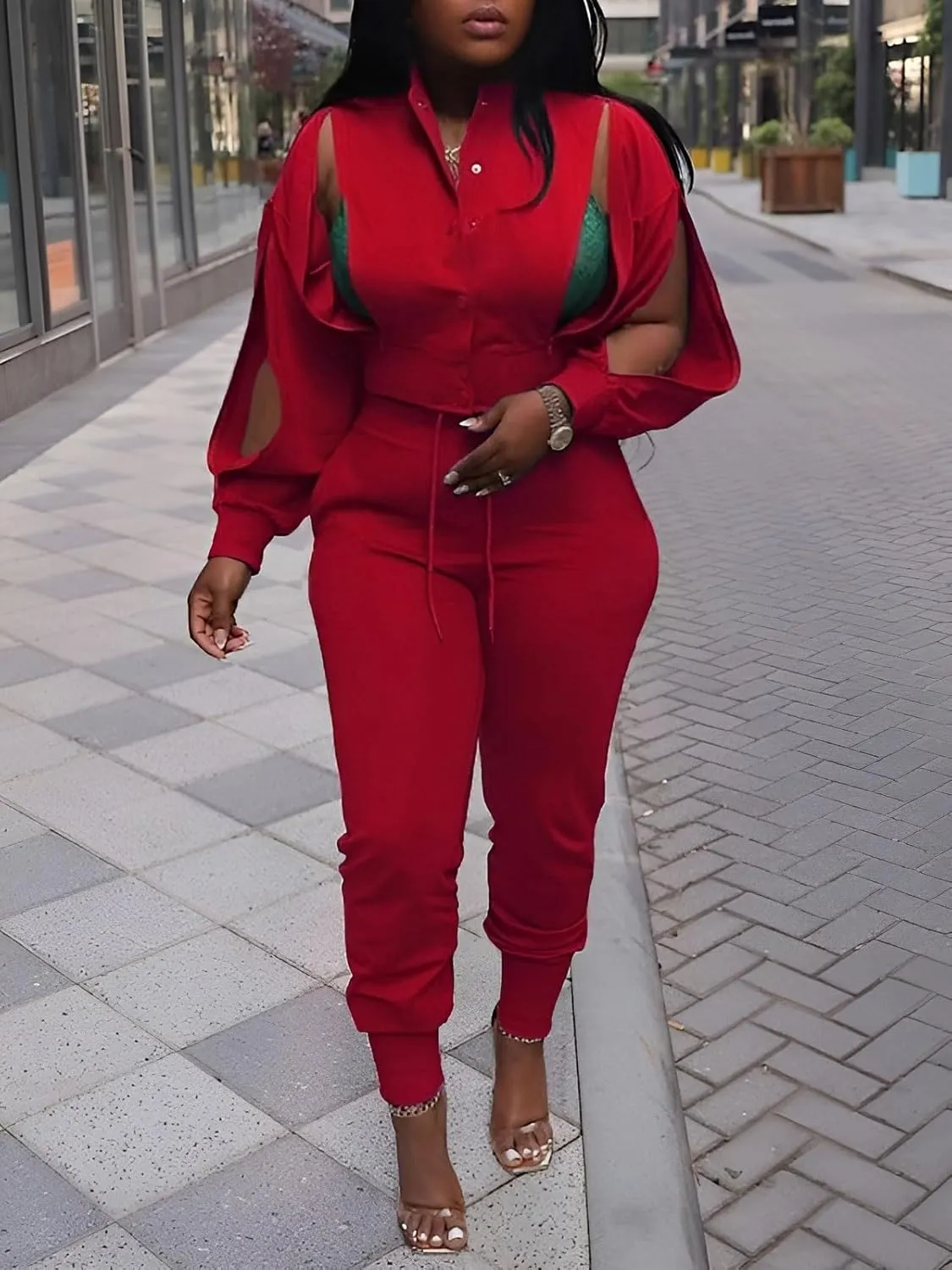 Akmipoem Sweatsuits for Women Set 2 Piece Jogger Outfits Zipper Split Long Sleeve Button Down Crop Top and Pants Tracksuit