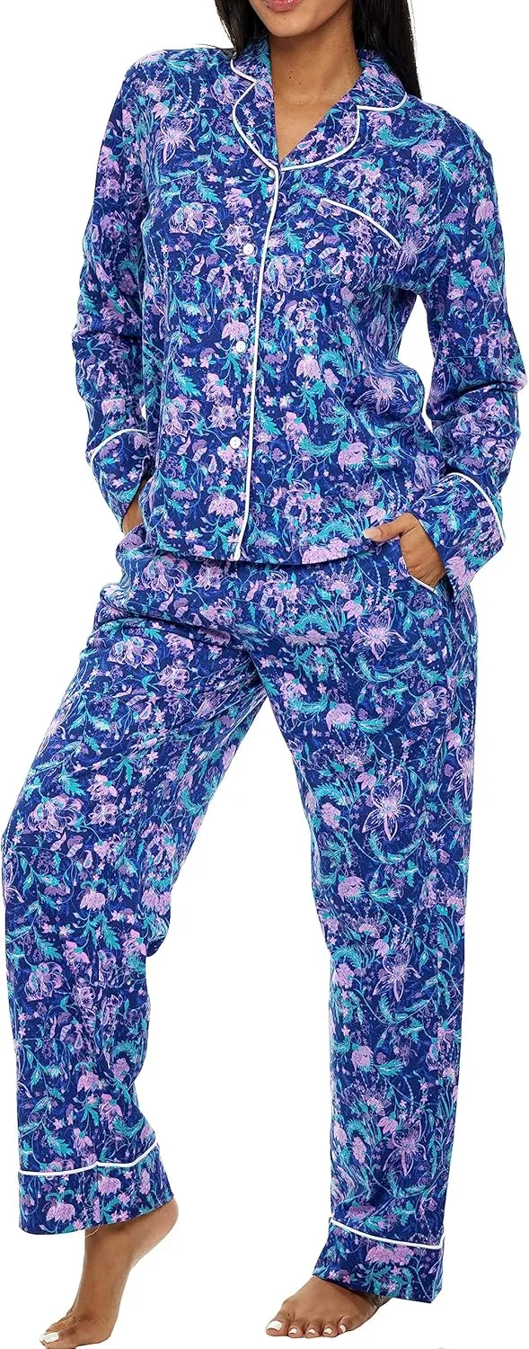 Alexander Del Rossa Women's Warm Soft Cotton Knit Jersey Pajamas Lounge Set, Long Sleeve Top and Pants with Pockets