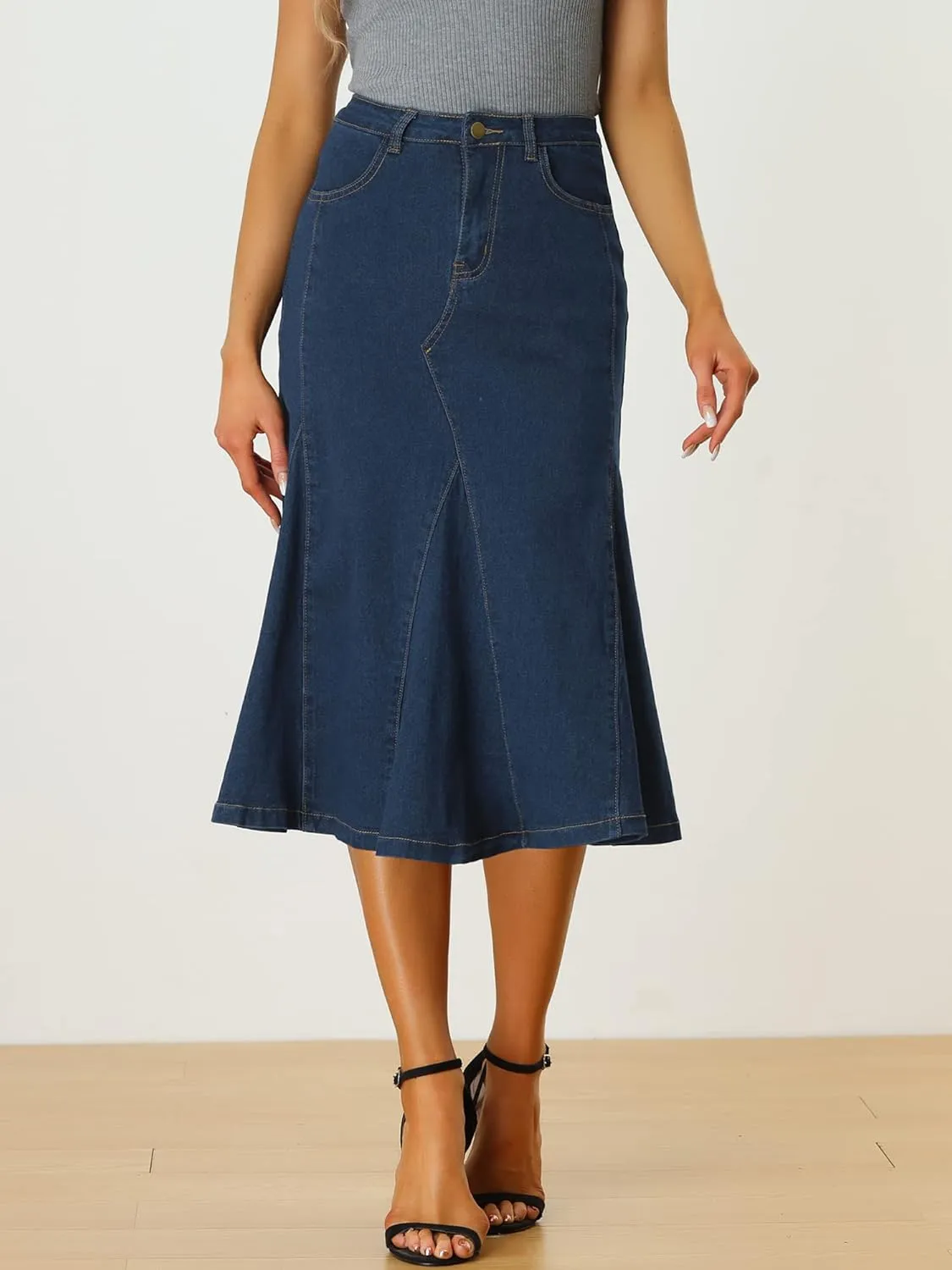 Allegra K Casual Denim Skirt for Women's High Waisted A-Line Flared Midi Skirts