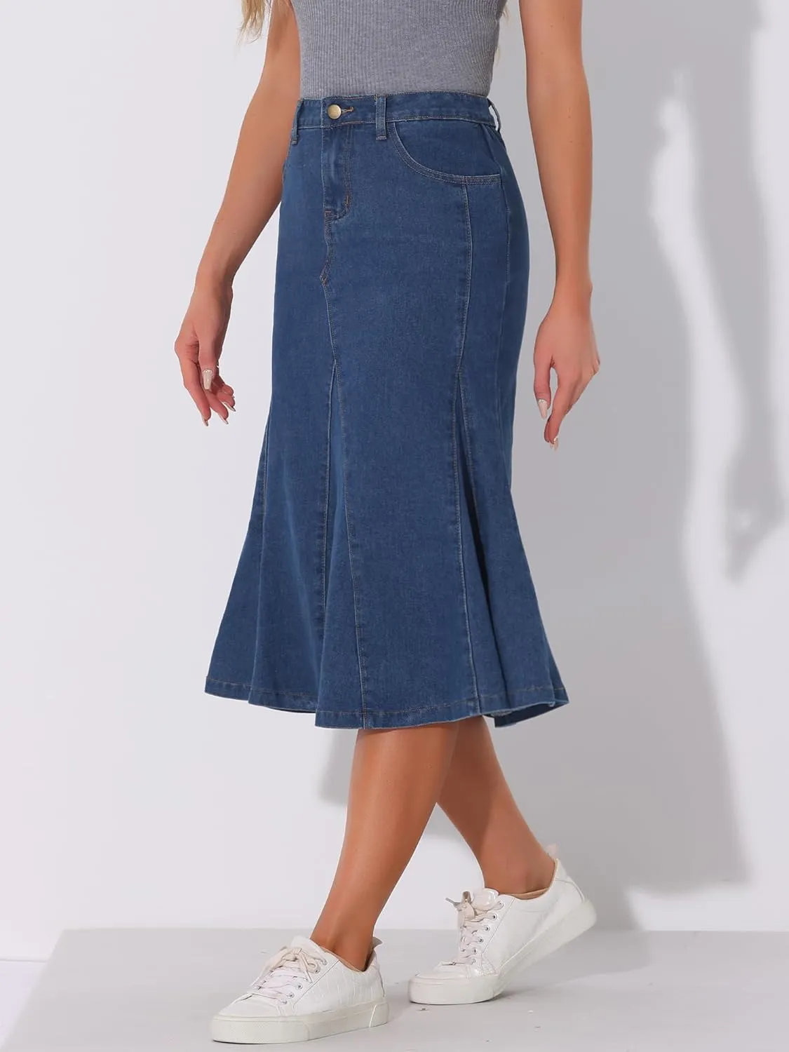 Allegra K Casual Denim Skirt for Women's High Waisted A-Line Flared Midi Skirts