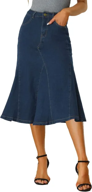Allegra K Casual Denim Skirt for Women's High Waisted A-Line Flared Midi Skirts