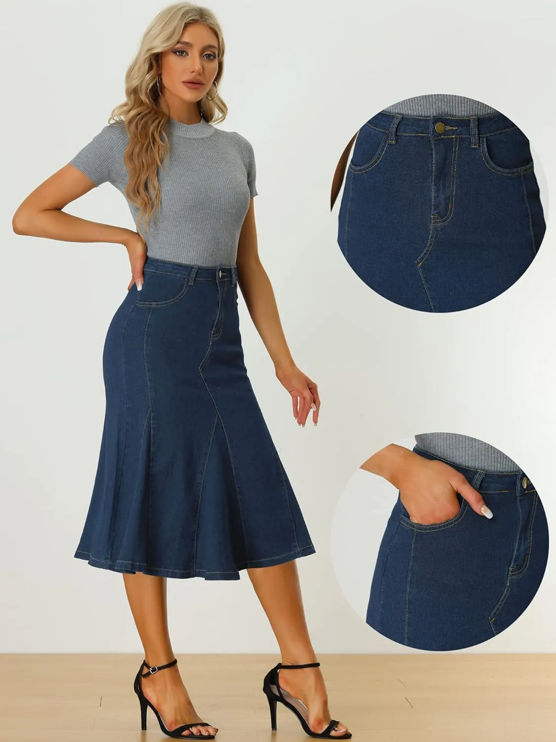 Allegra K Casual Denim Skirt for Women's High Waisted A-Line Flared Midi Skirts