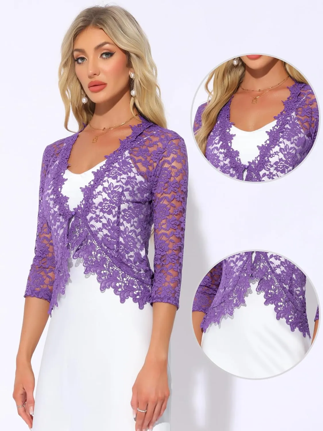 Allegra K Floral Lace Shrugs for Women's Evening 3/4 Sleeves Formal Elegant Bolero Cardigan