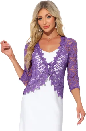 Allegra K Floral Lace Shrugs for Women's Evening 3/4 Sleeves Formal Elegant Bolero Cardigan