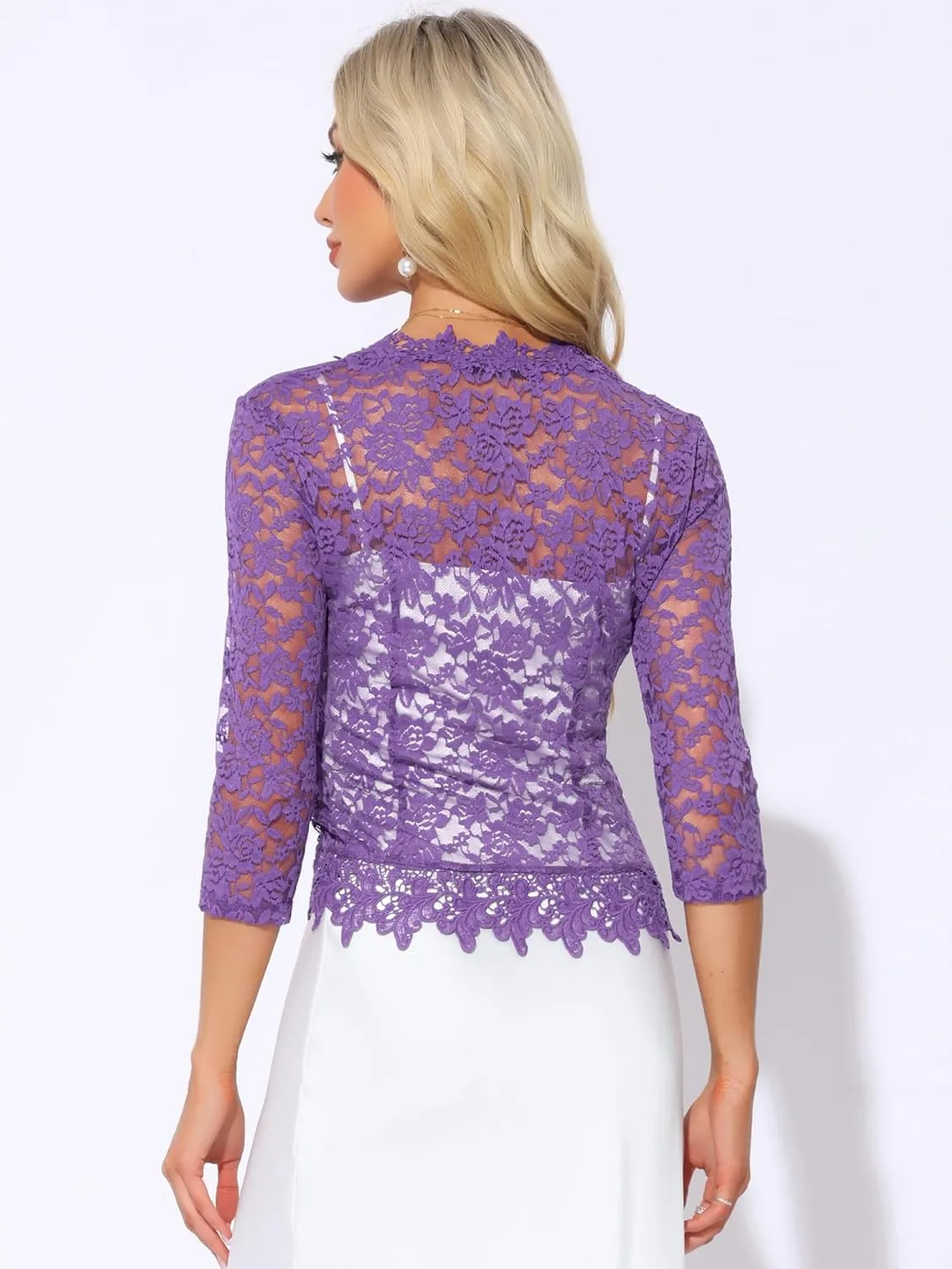 Allegra K Floral Lace Shrugs for Women's Evening 3/4 Sleeves Formal Elegant Bolero Cardigan