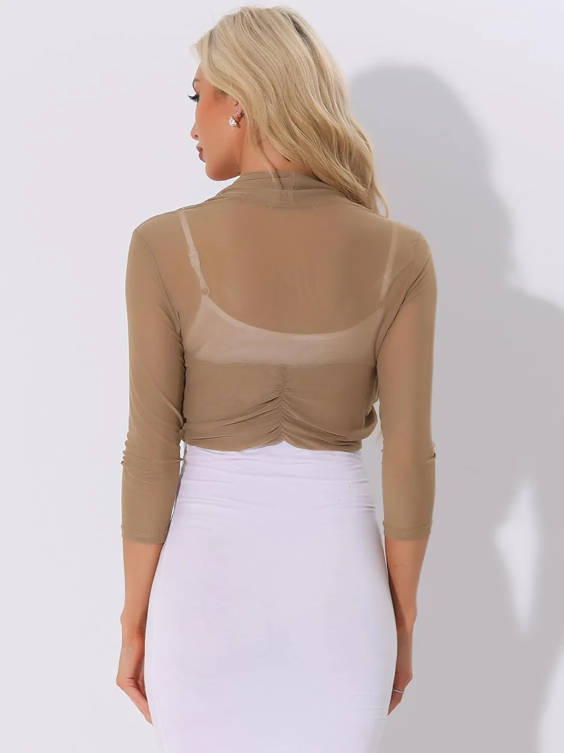 Allegra K Women's 3/4 Sleeve Sheer Mesh Shrug Open Front Cropped Bolero Cardigan