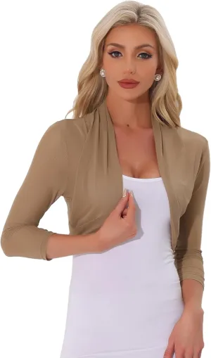Allegra K Women's 3/4 Sleeve Sheer Mesh Shrug Open Front Cropped Bolero Cardigan