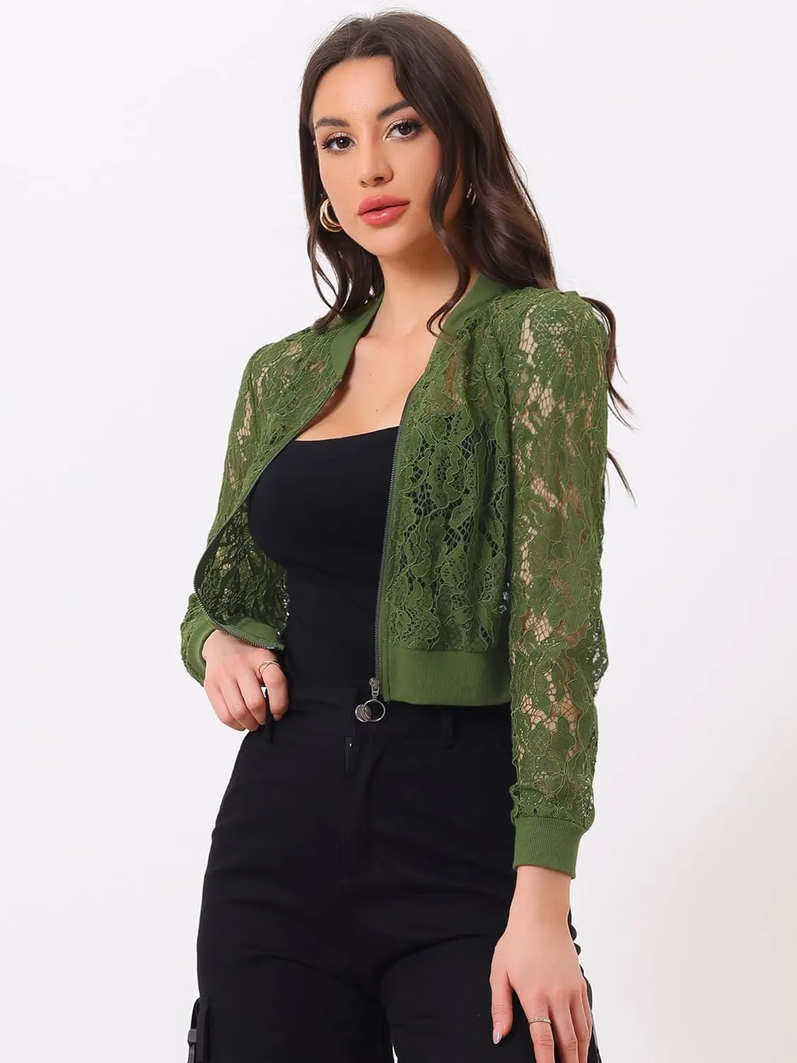 Allegra K Women's Crop Jacket Stand Collar Zip Up Sexy Sheer Gothic Lace Lightweight Baseball Jacket