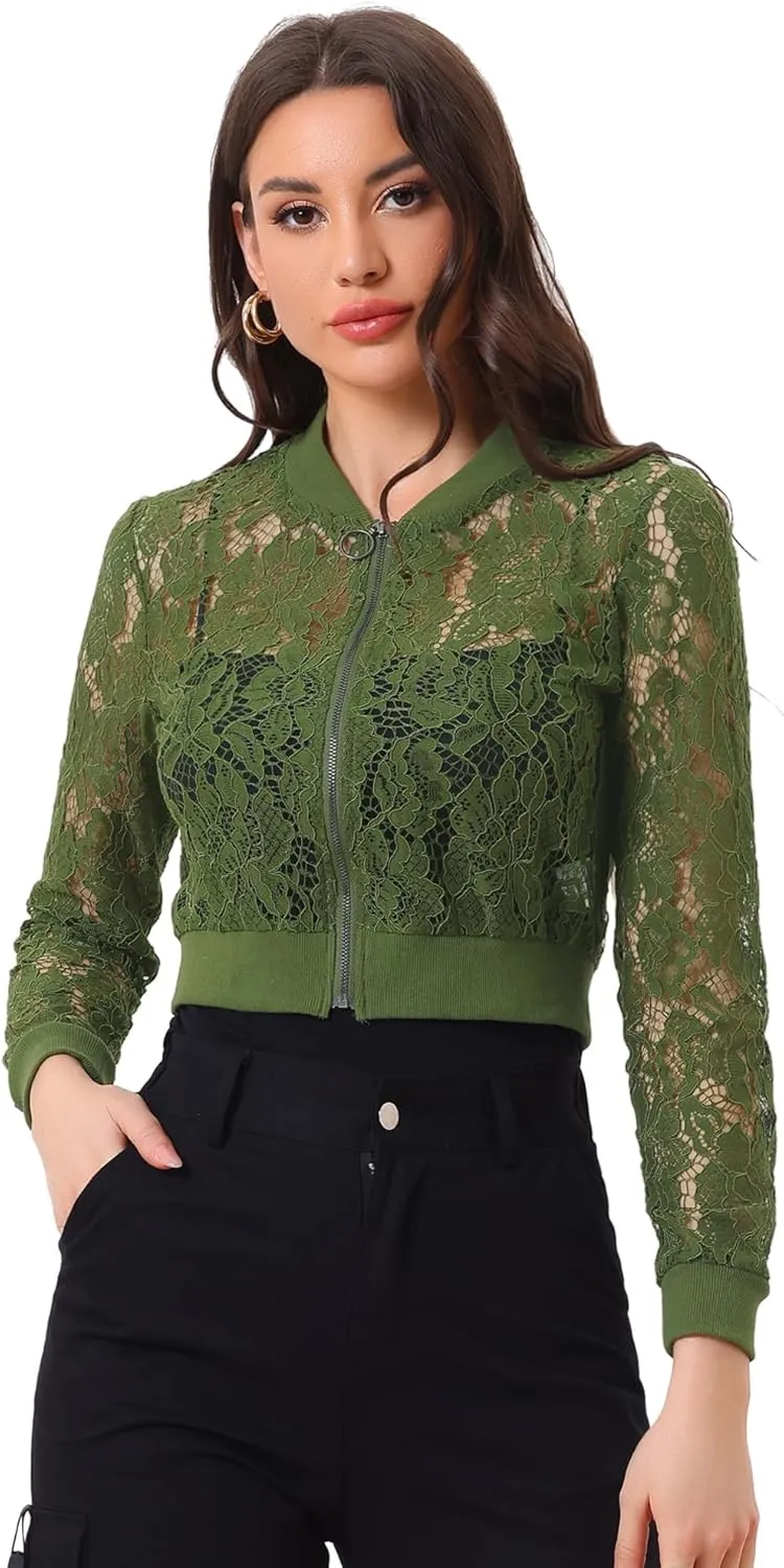 Allegra K Women's Crop Jacket Stand Collar Zip Up Sexy Sheer Gothic Lace Lightweight Baseball Jacket