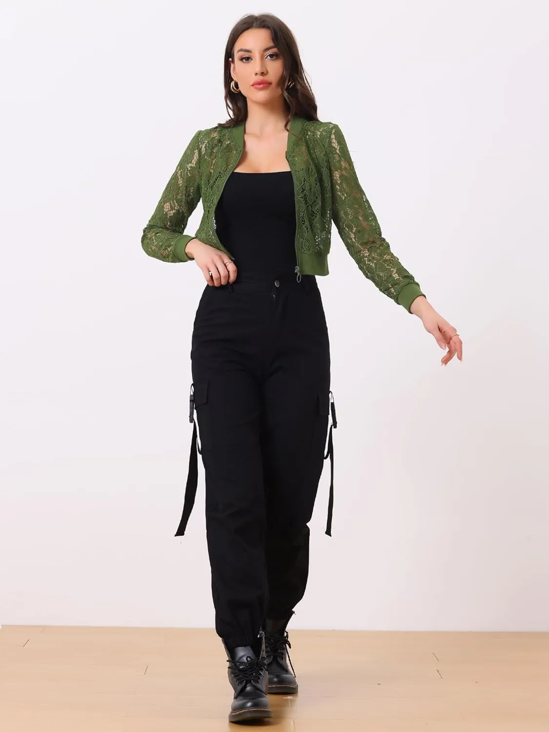 Allegra K Women's Crop Jacket Stand Collar Zip Up Sexy Sheer Gothic Lace Lightweight Baseball Jacket