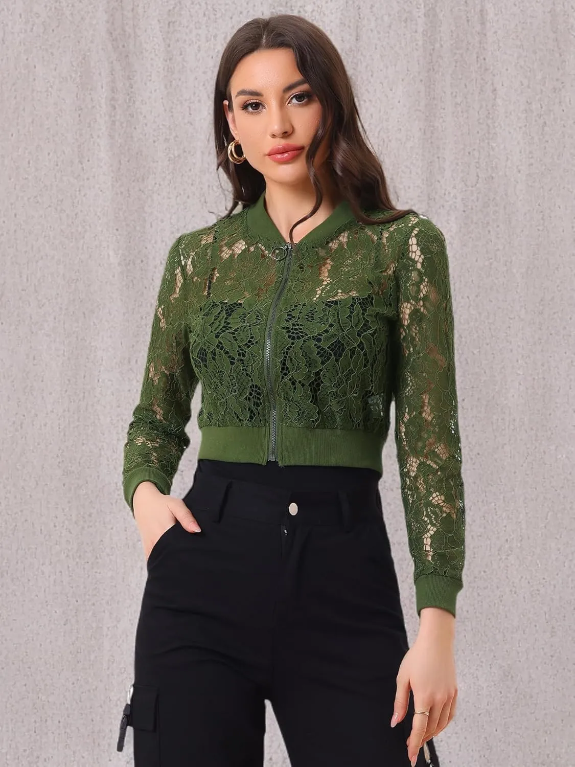 Allegra K Women's Crop Jacket Stand Collar Zip Up Sexy Sheer Gothic Lace Lightweight Baseball Jacket
