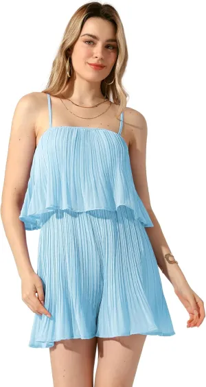 Allegra K Women's Romper Dress Spaghetti Strap Ruffled Pleated Sleeveless Shorts Jumpsuits