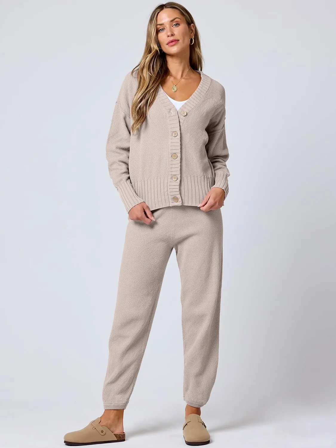 ANRABESS Women 2 Piece Outfits Waffle Knit Long Sleeve Cardigan Set Casual Sweater Pants Lounge Sets 2024 Fall Clothes