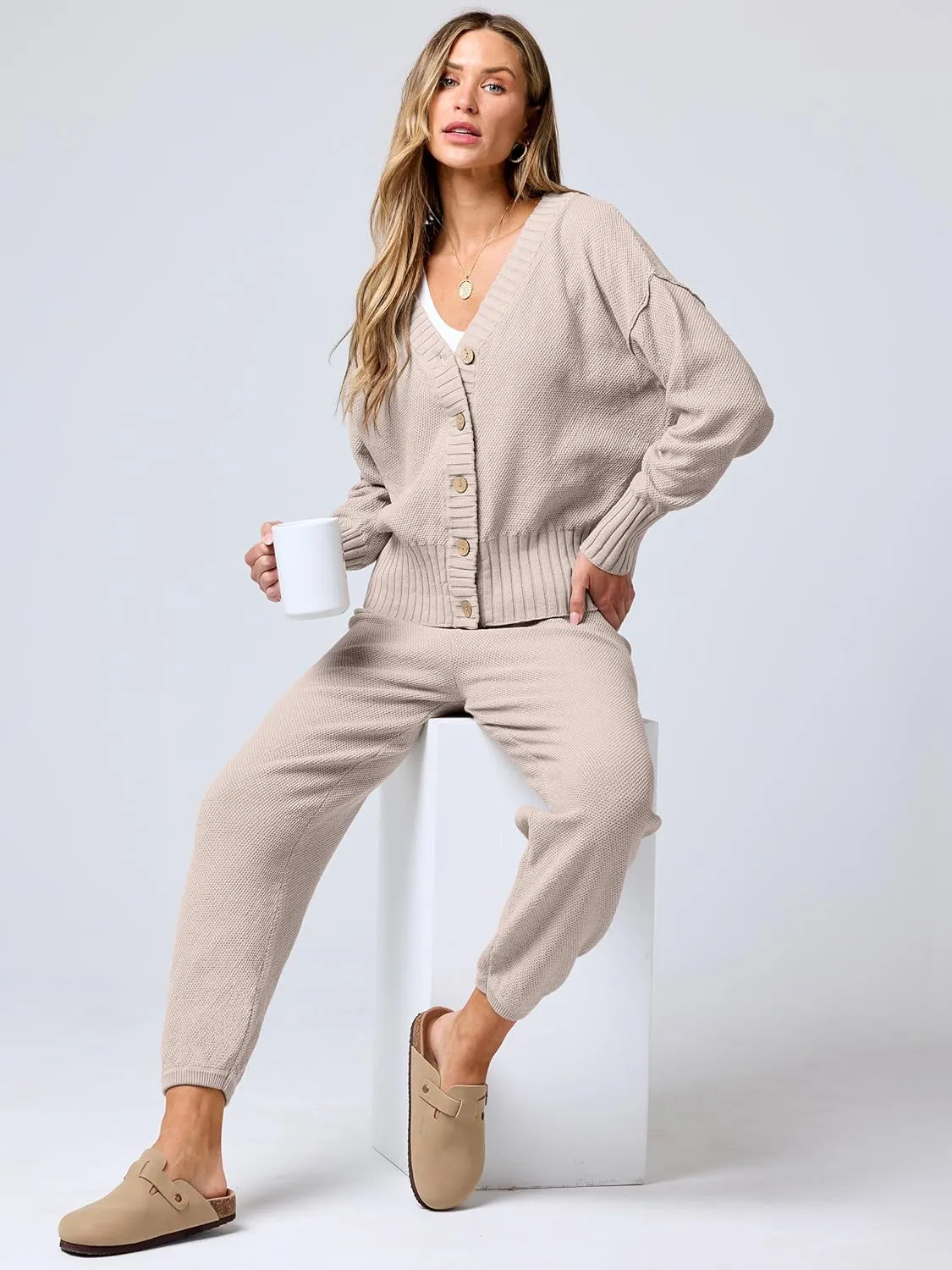 ANRABESS Women 2 Piece Outfits Waffle Knit Long Sleeve Cardigan Set Casual Sweater Pants Lounge Sets 2024 Fall Clothes