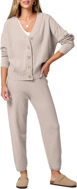 ANRABESS Women 2 Piece Outfits Waffle Knit Long Sleeve Cardigan Set Casual Sweater Pants Lounge Sets 2024 Fall Clothes
