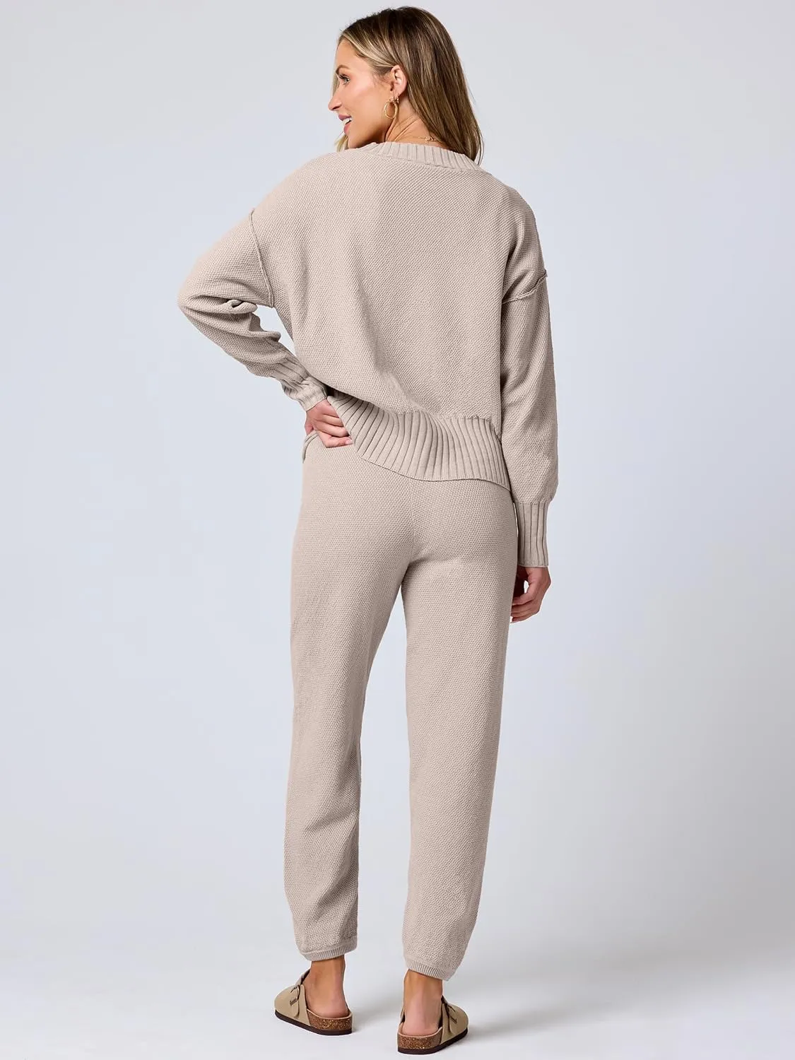 ANRABESS Women 2 Piece Outfits Waffle Knit Long Sleeve Cardigan Set Casual Sweater Pants Lounge Sets 2024 Fall Clothes