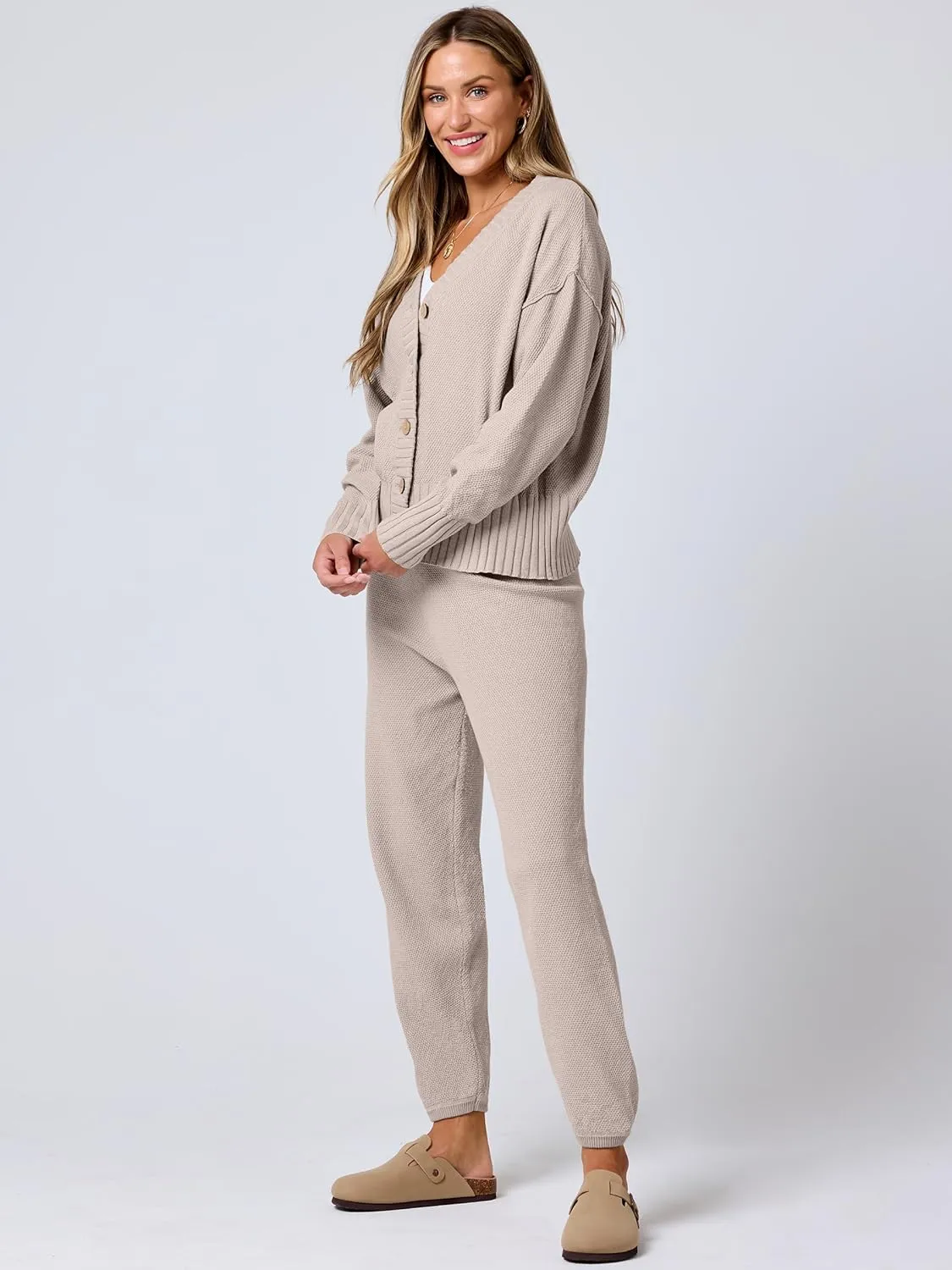 ANRABESS Women 2 Piece Outfits Waffle Knit Long Sleeve Cardigan Set Casual Sweater Pants Lounge Sets 2024 Fall Clothes