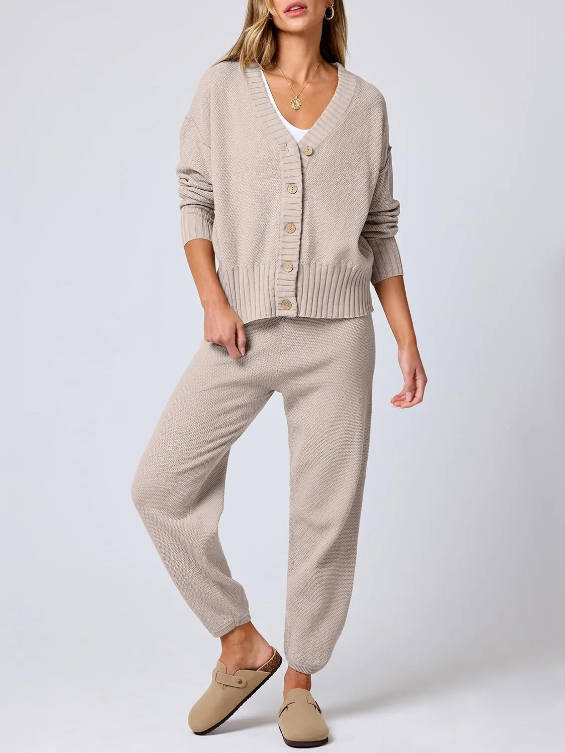 ANRABESS Women 2 Piece Outfits Waffle Knit Long Sleeve Cardigan Set Casual Sweater Pants Lounge Sets 2024 Fall Clothes