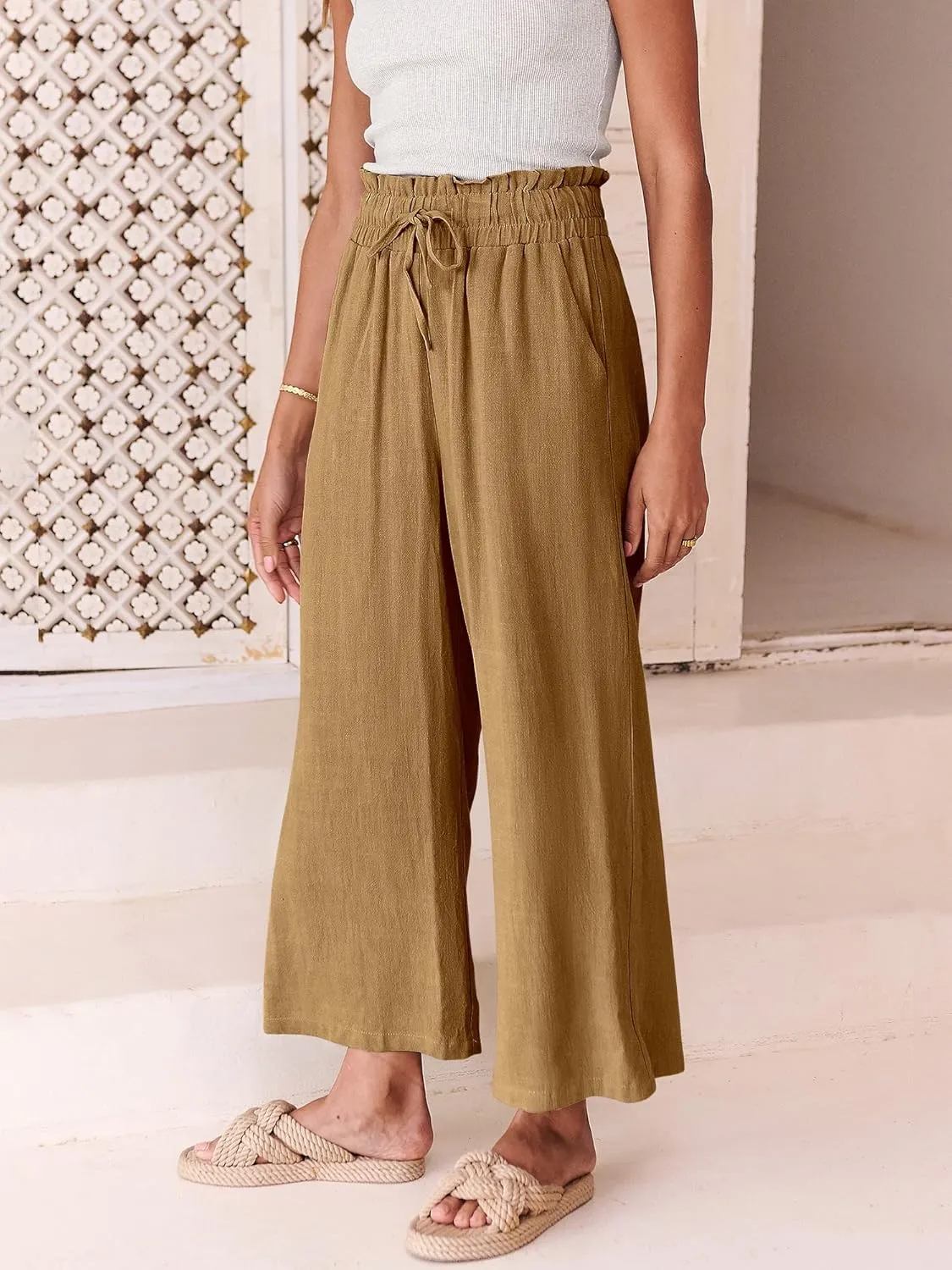 ANRABESS Women Linen Pants Casual Loose High Waist Boho Wide Leg Cropped Palazzo Beach Pants Summer Outfits 2025 Trendy